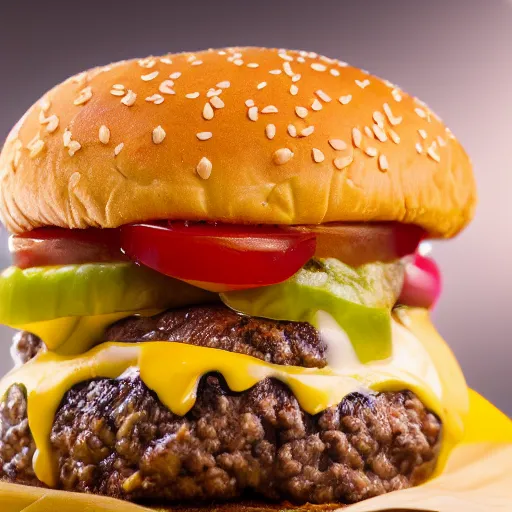 Image similar to close ups photo of a delicious cheeseburger with lots of toppings, studio lighting 5 0 mm photograph