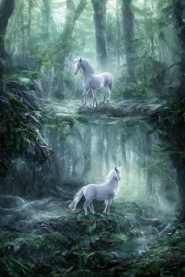 Image similar to there is a silver unicorn in the forest, unicorns around the shimmering light, fireflies flying in the forest, the dreamy crystal atmosphere ， super wide angle ， matte painting ， rtx on ， by karine eibatova and john pitre ， trending on cgsociety and artstation, volumetric light ， surreal