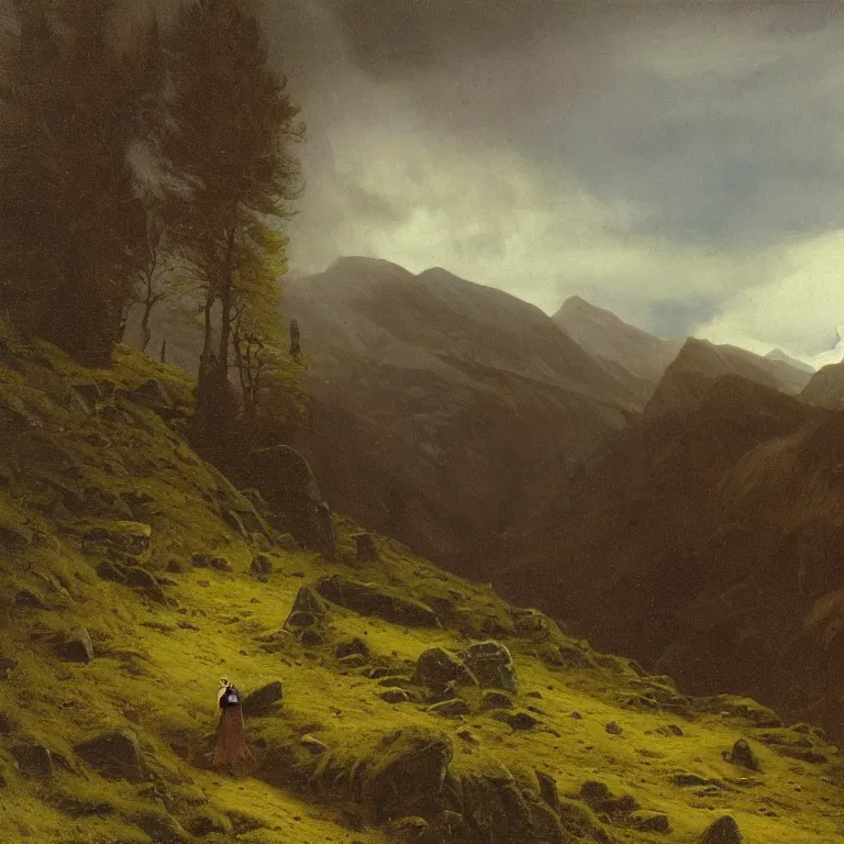 Prompt: Hiking in the Scottish Highlands. Carl Gustav Carus.