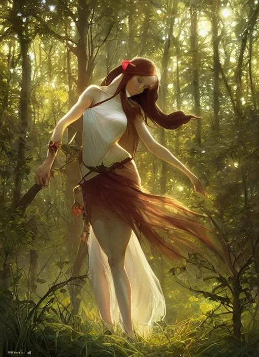 Prompt: Stunning female elf on a beautiful lush forest meadow, afternoon, art by Artgerm and Greg Rutkowski and Alphonse Mucha, DAZ, hyperrealistic, ambient light, dynamic light, vray