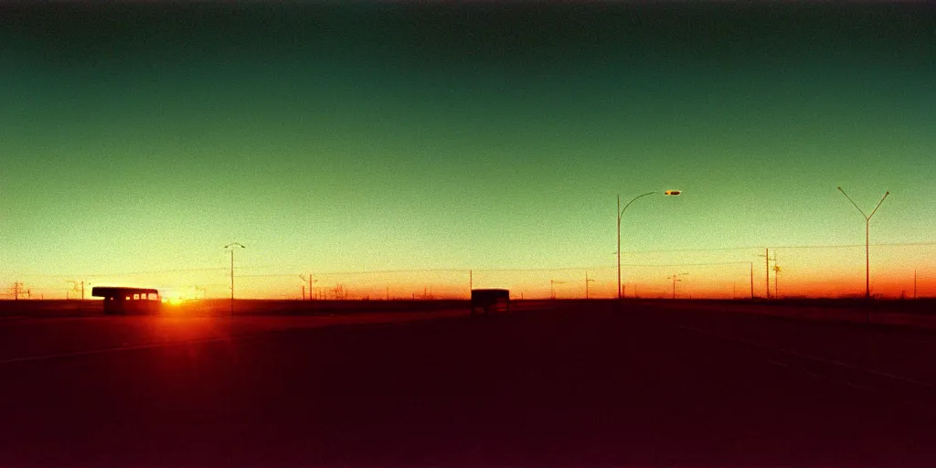 Prompt: an infinitely long greyhound bus never ending, sunset, eerie vibe, leica, 2 4 mm lens, cinematic screenshot from the 2 0 0 1 surrealist film directed by charlie kaufman, kodak color film stock, f / 2 2, 2 4 mm wide angle anamorphic