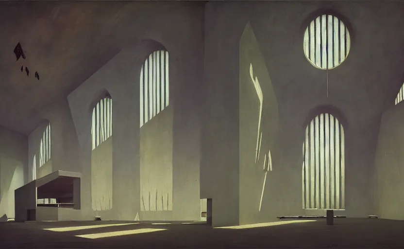 Image similar to Inside futuristic brutalist church with a big cross windows, Edward Hopper and James Gilleard, Zdzislaw Beksinski, Mark Ryden, Wolfgang Lettl highly detailed, hints of Yayoi Kasuma