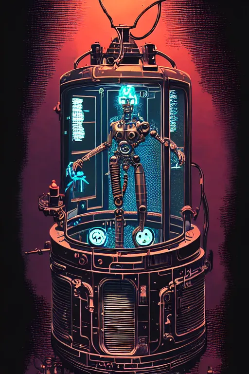 Image similar to steampunk cryo chamber containing an cyborg, high details, intricately detailed, by vincent di fate, inking, 3 color screen print, masterpiece, trending on artstation,, sharp, details, hyper - detailed, hd, 4 k, 8 k