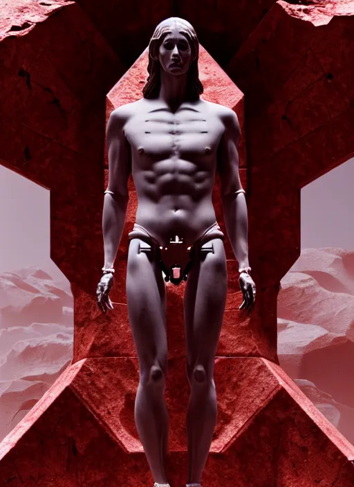 Prompt: rocks a statue jesus on cross made of red marble, perfect symmetrical body, full body shot, inflateble shapes, white biomechanical details, wearing epic bionic cyborg implants, masterpiece, intricate, biopunk, vogue, highly detailed, artstation, concept art, cyberpunk, octane render