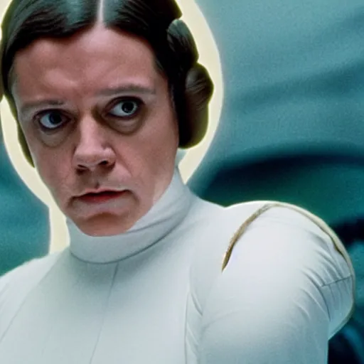 Prompt: mark Hamill dressed as princess Leia, movie still, cinematic