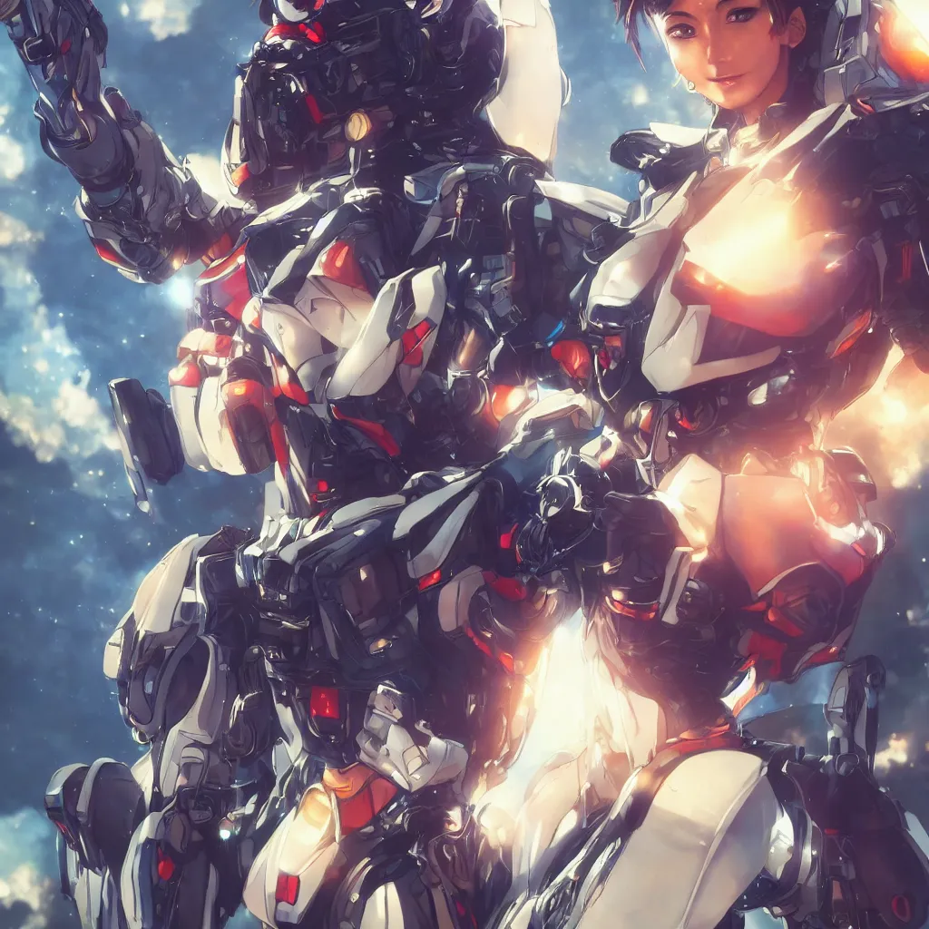 Image similar to portrait cartoon manga anime render of a strikingly gorgeous latina, wearing an intricate gundam suit, rossdraws, artgerm, norman rockwell, emiliano ponzi, epic composition, hd, octane, unreal engine, volumetric lighting, light rays, masterpiece, award - winning