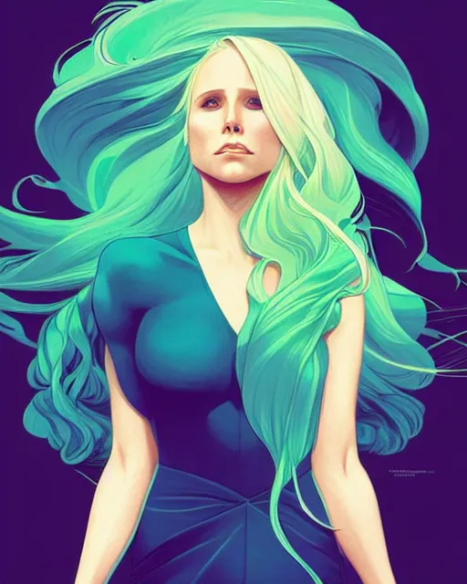 Image similar to style artgerm, joshua middleton, beautiful kristen bell with green dress, very long blue hair, symmetrical face, symmetrical eyes, water powers water swirling, detailed, beach setting, cinematic lighting