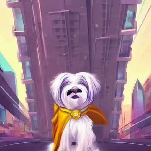 Image similar to cream colored havanese dog dressed as a super hero, tight shot, futuristic city, daytime, bright colors, highly coherent, saga comic, graphic novel, fiona staples