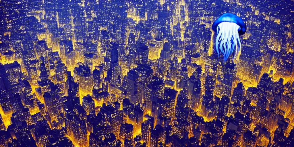 Prompt: flying blue jellyfish over nyc at night, wide city shot, beautiful lighting, soft and detailed,