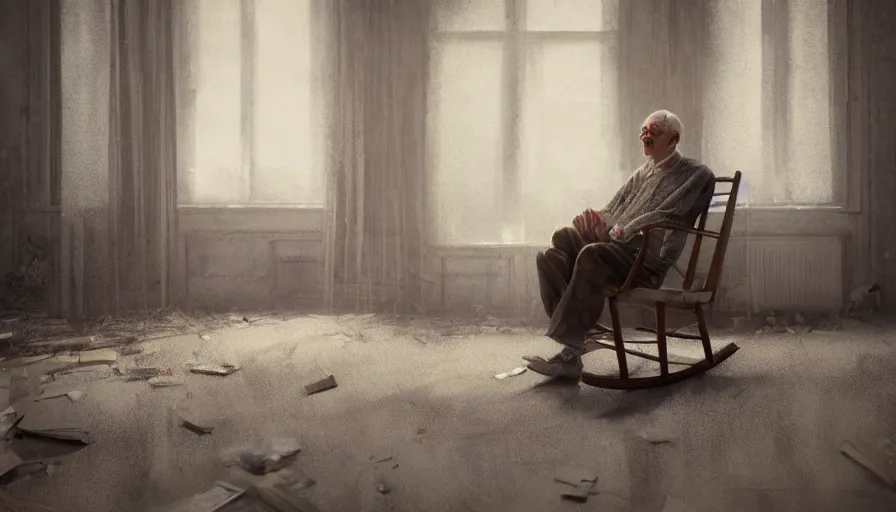 Image similar to old man sitting on a rocking chair in an old 3 0's abandoned rich manor, light through dusty broken windows, old curtains, dusty floor, dirts on the floor, wind, hyperdetailed, artstation, cgsociety, 8 k