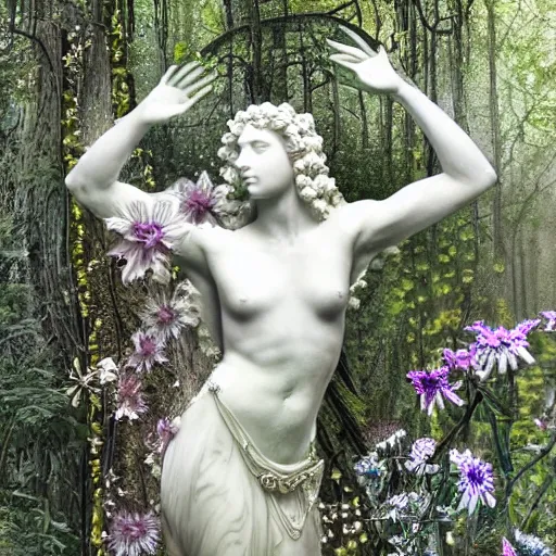 Prompt: an idealistic marble statue with fractal flowery hair in a fractal garden, glowing delicate flower and mushrooms that grow in a dark fatansy forest on the planet pandora,, symmetrical,