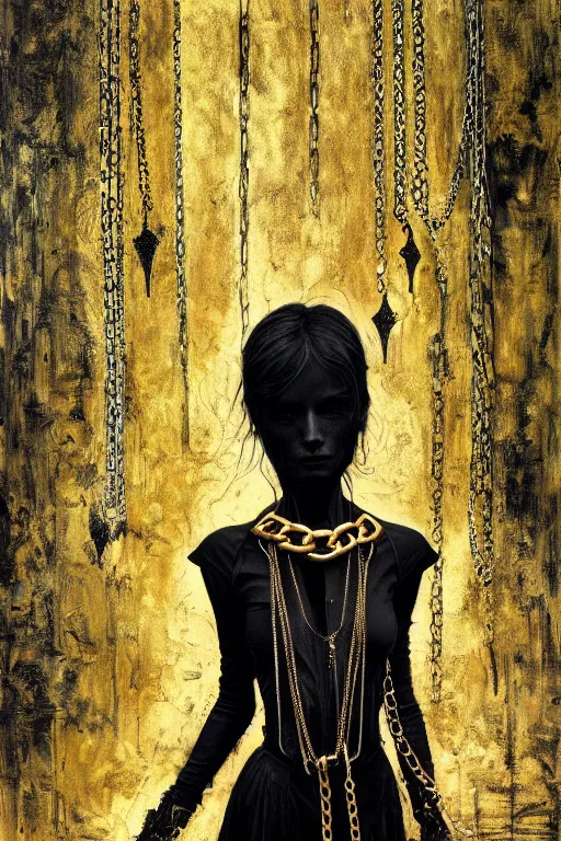 Prompt: dreamy gothic girl, black leather slim clothes, chains and raw gold, detailed acrylic, grunge, intricate complexity, by dan mumford and by alberto giacometti, peter lindbergh