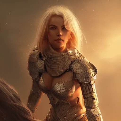 Image similar to full body portrait of a blonde female wearing bikini knight armor, an ultrafine hyperdetailed illustration by tooth wu and wlop and beeple and greg rutkowski, trending on artstation, highly detailed, 4 k, 8 k