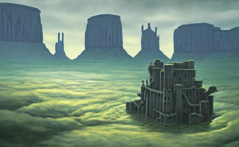 Image similar to hyperrealist painting of a giant chibi kaiju from howl's moving castle ( 2 0 0 4 ) in a flooded monument valley stonehenge jungle. 1 9 7 0 s science fiction, moody, misty, depth perception, 4 k, artstation, in the style of studio ghibli