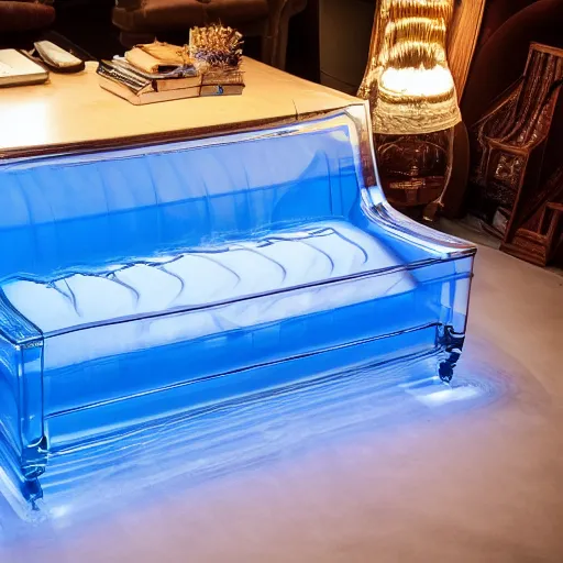 Prompt: couch made out of blue transparent jelly, DSLR 8k