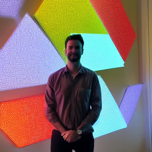 Image similar to a daytrader named jay standing proudly in front of triangular nanoleaf led lights on his wall