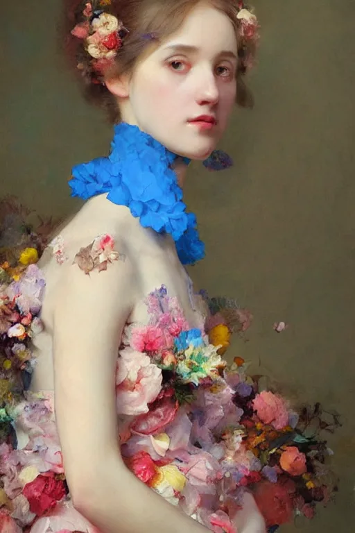 Image similar to a painting of a woman in a blue dress with a floral pattern, a colorful flowery character portrait by ruan jia, cgsociety, rococo, ilya kuvshinov, made of flowers, pre - raphaelite