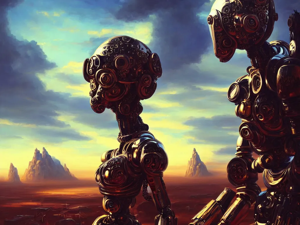 Prompt: a beautiful oil on canvas of a futuristic afrofuturisticb robot soldier, ornate, detailed, intricate, beautiful, post - apocalyptic landscape in the background, epic sky, vray render, artstation, deviantart, pinterest, sci - fi, afrofuturism, 5 0 0 px models