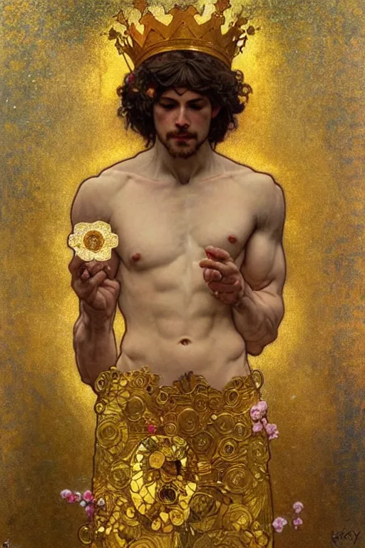 Prompt: a god wearing clothes and golden crown, holding a star, muscular, flowers, amazing, tarot art, painting by greg rutkowski, alphonse mucha, gustav klimt