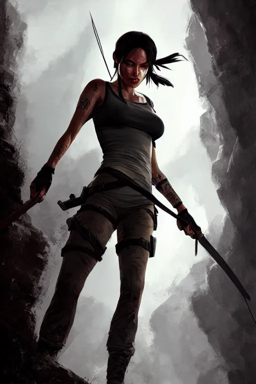 Image similar to angelina jolie as tomb raider, manga cover art, detailed color portrait, artstation trending, 8 k, greg rutkowski