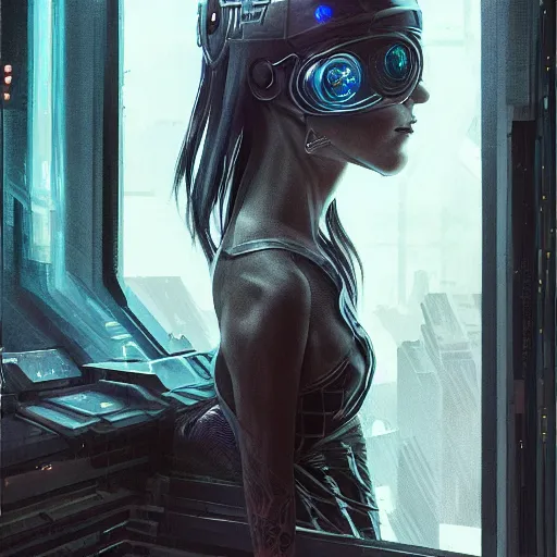 Image similar to portrait of cyberpunk woman looking out of a window, cyberpunk setting, futuristic, highly detailed, intricate lighting, digital painting, sharp focus, illustration, trending on artstation, art by krenz cushart.