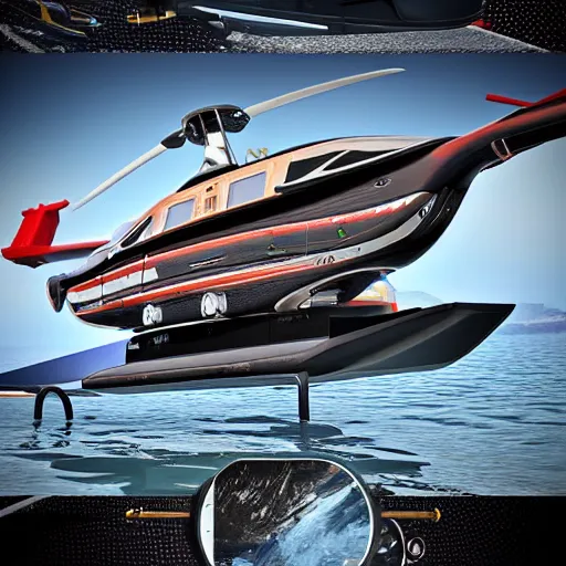 Prompt: hydrofoil mobile home boat helicopter, 3 d high definition, trending on artstation, photorealistic, high resolution, 8 k, octane, hyper detailed, trending on deviantart insane details, intricate, elite, ornate, elegant trend, highly detailed and intricate, sharp focus, photography, unreal engine