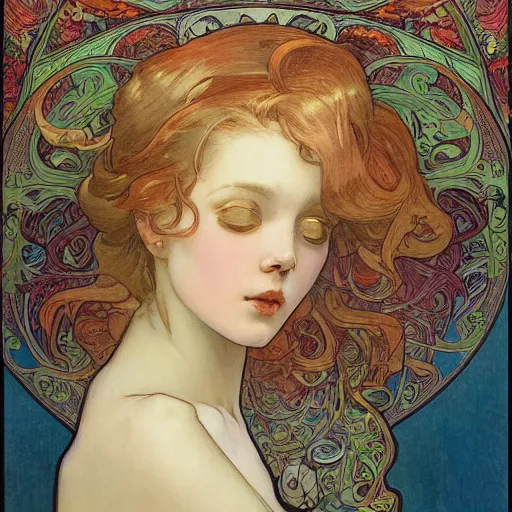 Image similar to romantic painted portrait of halo by james jean, mucha