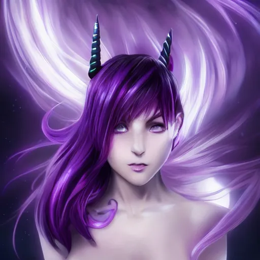 Image similar to beautiful anime woman with purple hair, ( ( ( ( ( unicorn horn ) ) ) ) ) ( ( ponytail ) ) ( ( ( purple eyes ) ) ), a purple tuxedo, sharp focus, intricate, cell shaded, award winning photography, cinematic, digital painting, cinematic, wlop, 8 k, by ross tran, tom bagshaw