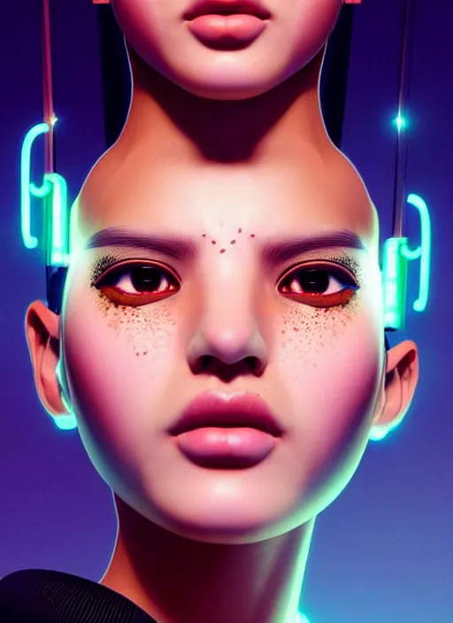 Prompt: photorealistic an oriental female humanoid with heavy freckle cheeks, cyber neon lightings, futurism, cyberpunk high fashion, glamorous profile pose, intricate details, crispy quality, digital photography, trending in artstation, trending in pinterest, no watermark signature, cinematic, 4 k ultra hd, art by artgerm, art by greg rutkowski, art by pascal blanche