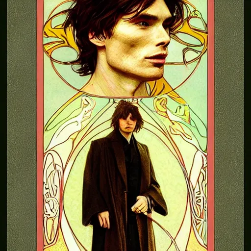 Image similar to cillian murphy portrait by louis - theophile hingre and alphonse mucha, realistic, sharp focus, zodiac signs, tarot cards, planets, ethereal, art nouveau, magic, moon, sun, crown, dreamy, royal, jewellery