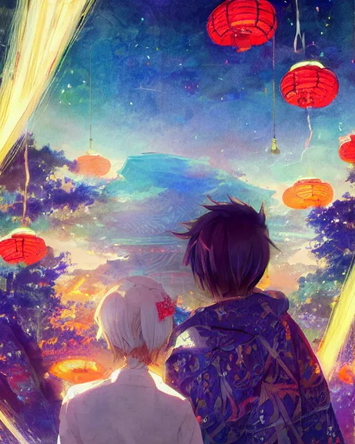 Image similar to beautiful anime painting of a boy and a blonde girl from behind at a shinto shrine looking up at the night sky illuminated by colorful new years fireworks, by WLOP and Slawek Fedorczuk and rossdraws, trending on artstation, concept art