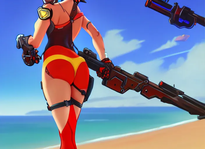 Prompt: overwatch tracer, dressed in a red thong, full length, wide hips, overlooking the beach, digital painting, realism