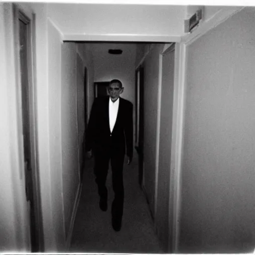 Image similar to A creepy polaroid of Obama chasing you in a narrow hallway