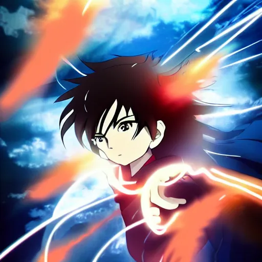 Image similar to Anime key visual of a young boy with thunder powers