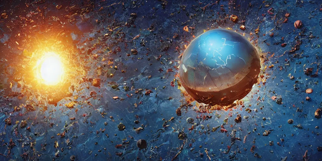 Image similar to shot from a distance of 2 5 0 million miles. a highly accurate depiction of earth slowly broken open, exploding, and pieces are floating apart. the earth is being attacked by an unbelievably huge sentient space florida crab descendants. dramatic lighting, highly coherent, highly detailed, epic, digital art, valerian, silent running, fifth element, octane 3 d render.