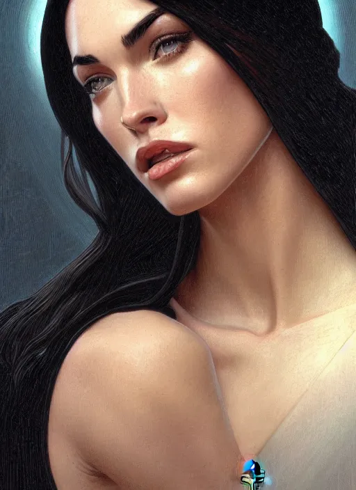 Image similar to portrait of megan fox as a sultry nun, catholic, church, bible, christian, intricate, headshot, highly detailed, digital painting, artstation, concept art, sharp focus, cinematic lighting, illustration, art by artgerm and greg rutkowski, alphonse mucha, cgsociety