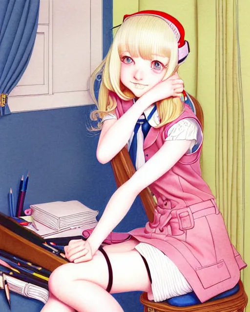 Image similar to illustration depicting a wealthy young mischievous female prep school student with medium length bright blonde hair and pale skin in her father's den, complex artistic style, color ink pen illustration, subtle detailing, illustrated by Artgerm and Range Murata.