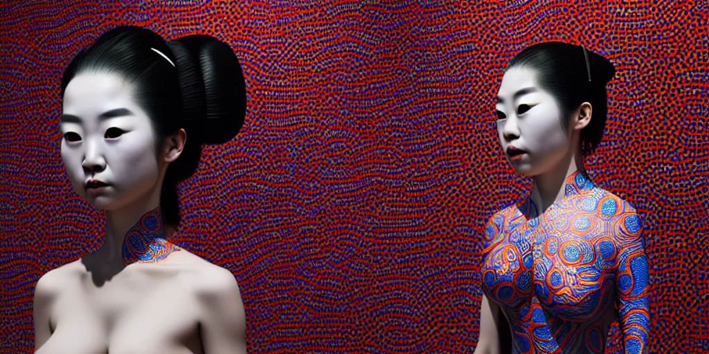 Image similar to hyperrealistic detailed image of a geisha in a art installation room, hd smooth interior by yayoi kusama, part by kei mieno, part by ross tran, dark art by james jean, ultra realistic, highly detailed, life like face, detailed body, 8 k, 3 d render by roger magrini, masterpiece