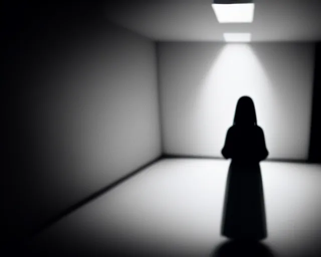 Prompt: creepy woman wearing white dress standing with shadow aura in the backrooms, psychological horror, the eerie forlorn atmosphere of a place that's usually bustling with people but is now abandoned and quiet, buzzing fluorescent lights above the ceiling, unsettling images, liminal space, dark