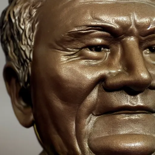 Prompt: close up shot of an old bronze statue of takeshi kitano in a museum