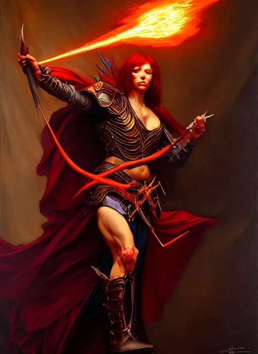 Image similar to i cast firebolt. full body, hyper realistic dnd character art portrait, dark fantasy art, intricate fantasy painting, dramatic lighting, vivid colors, deviantart, artstation, by edgar maxence and caravaggio and michael whelan and delacroix.