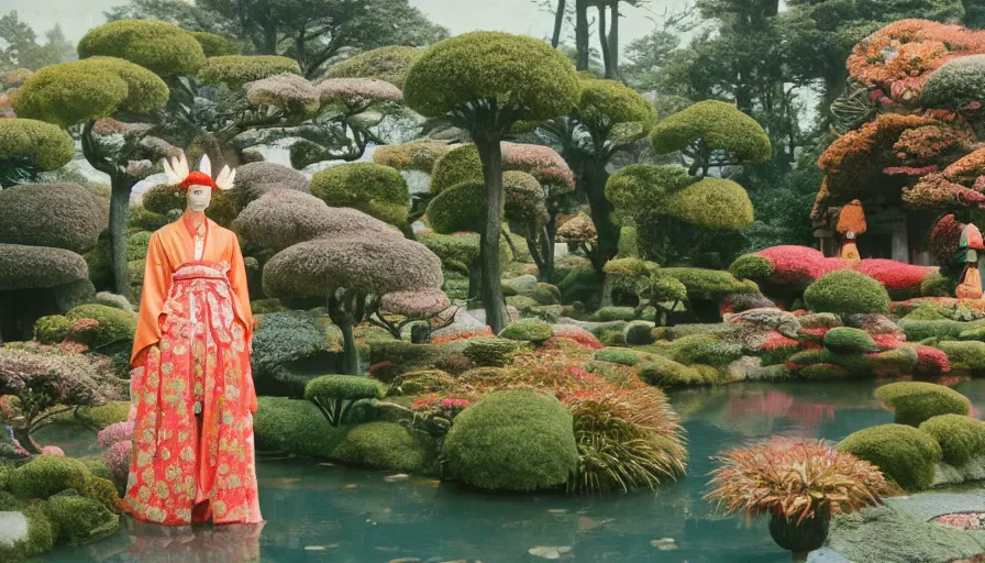 Prompt: , movie still by wes anderson of a beautiful girl wearing gucci exploring a magical japanese garden with flowers, glowing temple in the distance, floating big magical deity heads with gucci headdresses, miniature eco - cities, dreamy - vibes, aesthetic feel, cinestill 8 0 0 t, high quality, very detailed, heavy grain, fine facial features, 8 k