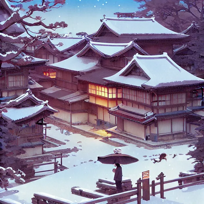 Image similar to japanese countryside, winter, in the style of studio ghibli, j. c. leyendecker, greg rutkowski, artem