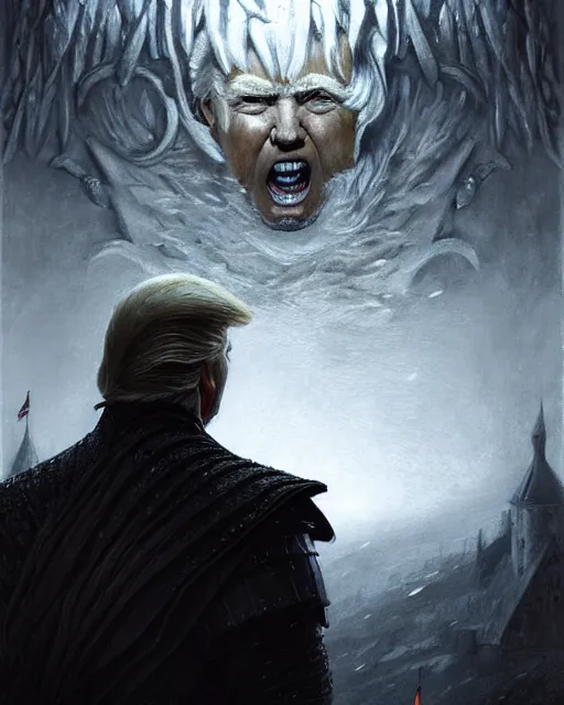 Prompt: trump as man of the night's watch, on the wall made of ice, middle ages, game of thrones | | realistic shaded, fine details, realistic shaded lighting painting by greg rutkowski, diego gisbert llorens, magali villeneuve, artgerm, jeremy lipkin, michael garmash, rob rey