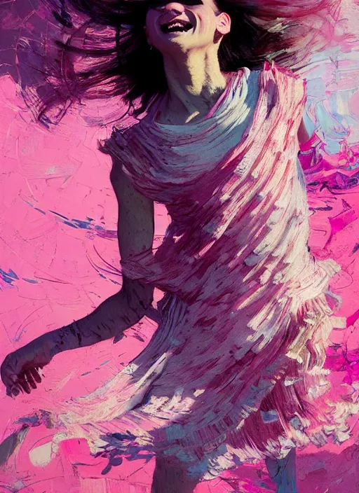 Image similar to portrait of a beautiful girl, smiling, ecstatic dancing, eyes closed, shades of pink, beautiful face, rule of thirds, intricate outfit, spotlight, by greg rutkowski, by jeremy mann, by francoise nielly, by van gogh, digital painting