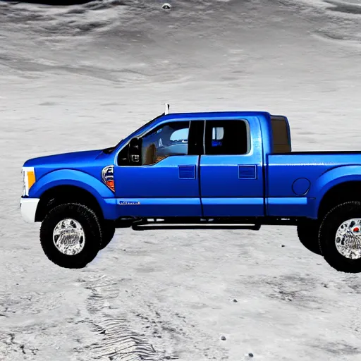 Prompt: blue ford f - 2 5 0 driving on the moon