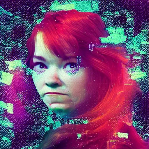 Prompt: “music album cover Bjork style redhead girl in a magic forest glitch noise pixelsorting RGB shift high resolution”