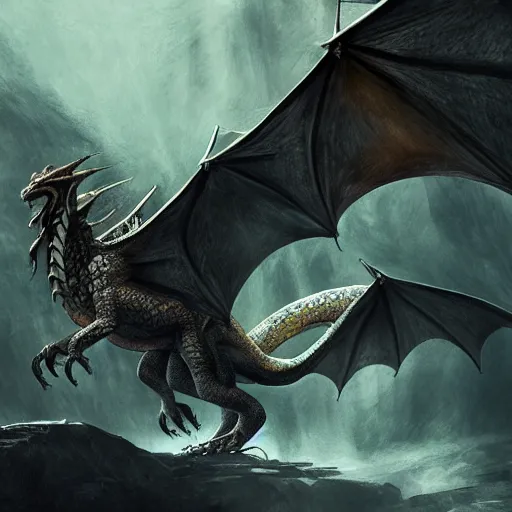 Image similar to a fierce dragon guarding a cave, mountain, fantasy art, realistic, highly detailed, dramatic lighting