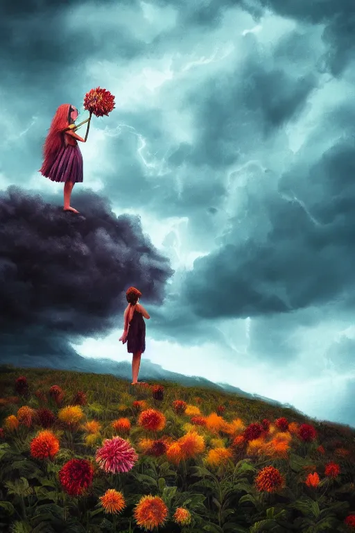 Image similar to closeup girl with giant dahlia flower as head, standing on mountain, surreal photography, blue storm clouds, dramatic light, impressionist painting, digital painting, artstation, simon stalenhag