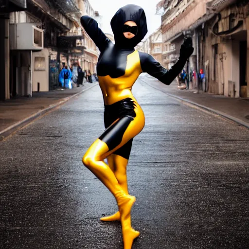 Image similar to beautiful female model dancing on the street with body painted in black colors, acid rain, wet vallerina, wearing latex balaclava, golden body paint, photography by amy leibowitz, street, bokeh, long exposure, color papers flying in the sky